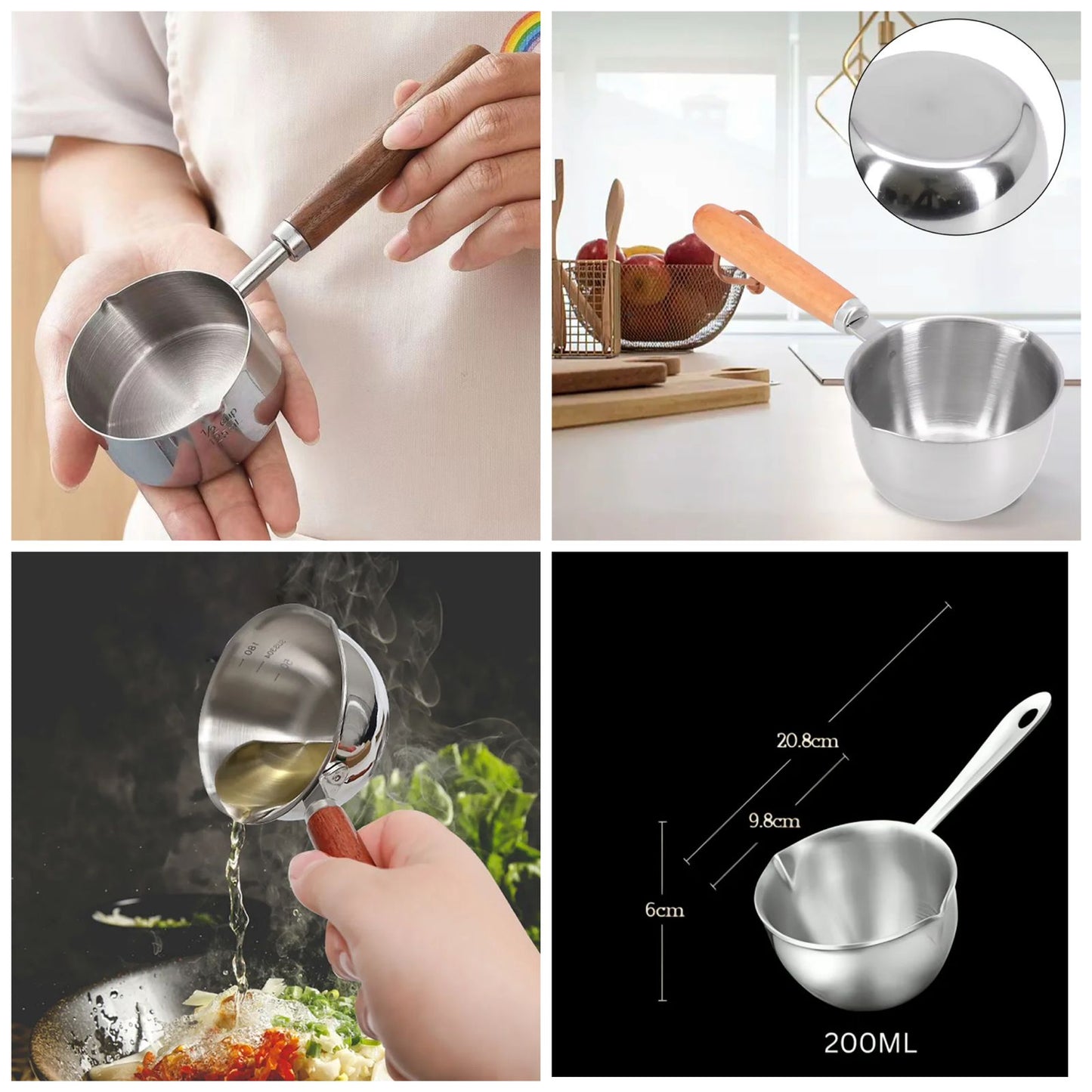 Mini Saucepan, Food Grade Butter Coffee Warmer 304 Stainless Steel Rustproof with Cool Handle for Melting Butter for Heating Milk (200ML)