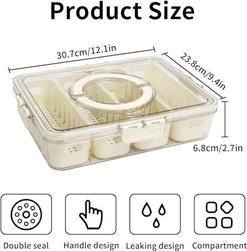 Fridge Storage Airtight Container Box (Acrylic) With Lid & Handle|4 Compartments Fridge Organizer Divider Draining Crisper Containers Keeps Fruits,Vagetables,Meats