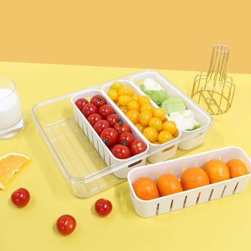 Fridge Storage Airtight Container Box (Acrylic) With Lid & Handle|4 Compartments Fridge Organizer Divider Draining Crisper Containers Keeps Fruits,Vagetables,Meats