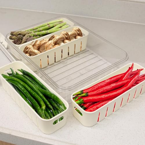 Fridge Storage Airtight Container Box (Acrylic) With Lid & Handle|4 Compartments Fridge Organizer Divider Draining Crisper Containers Keeps Fruits,Vagetables,Meats