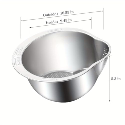 Rice Washer Strainer Bowl, Rice Cleaner Strainer, Rice Washing Strainer Bowl with Side Drain Spoon, Stainless Steel Colander for Cleaning Fruits, Vegetables and Beans