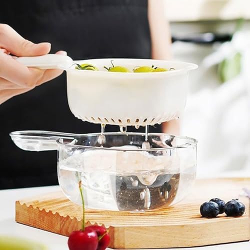 Kitchen Dual-Layer Draining Basket with Handle,Fruit Strainer Dual-Layer Veggie Colander Draining Basket with Handle,Double Drain Plastic Fruit Washing Strainer Bowl